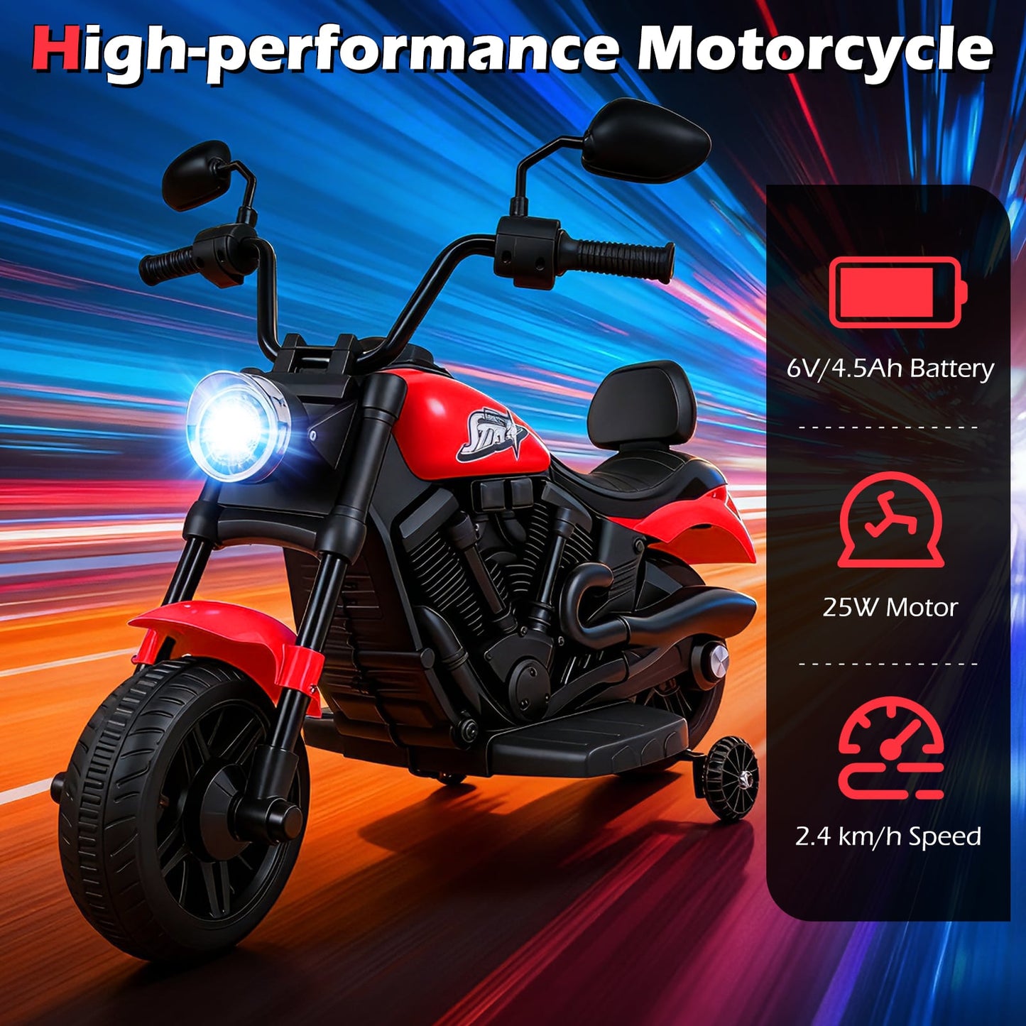 6V Kids Electric Motorbike with Detachable Training Wheels and Music-Red
