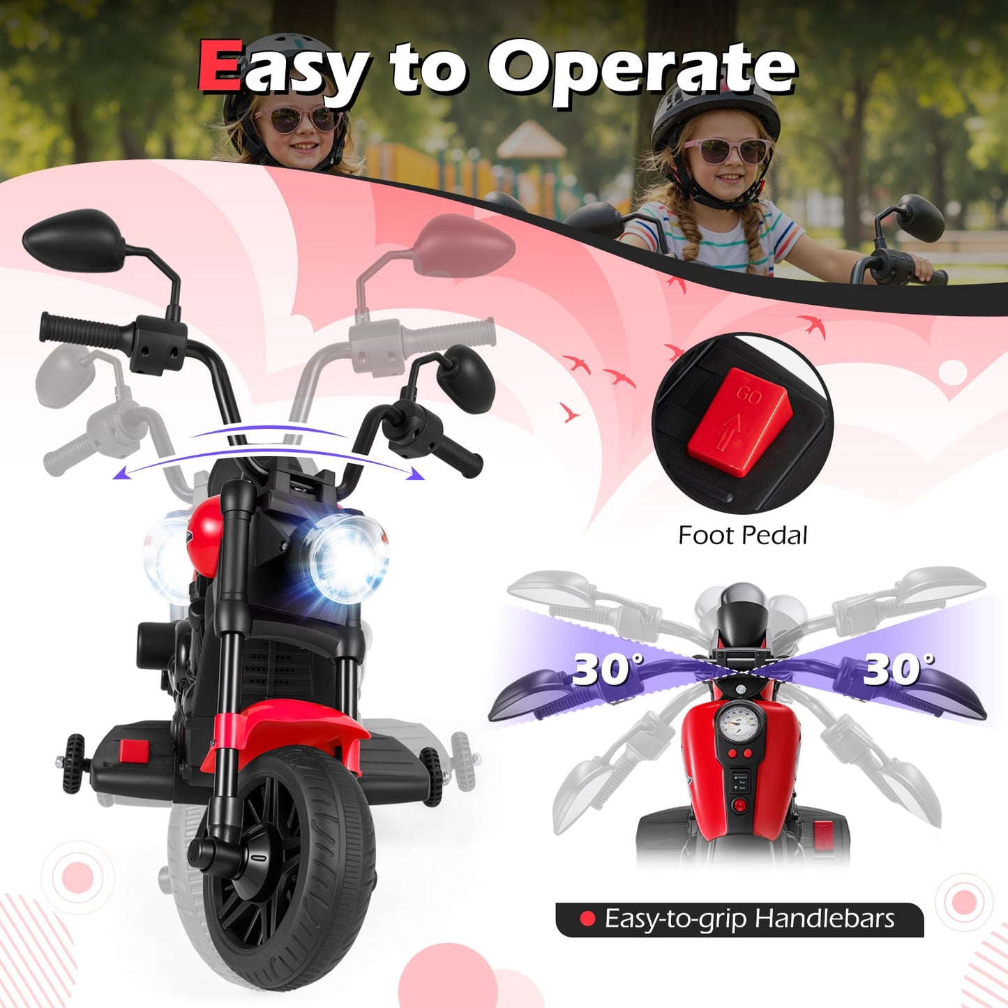 6V Kids Electric Motorbike with Detachable Training Wheels and Music-Red