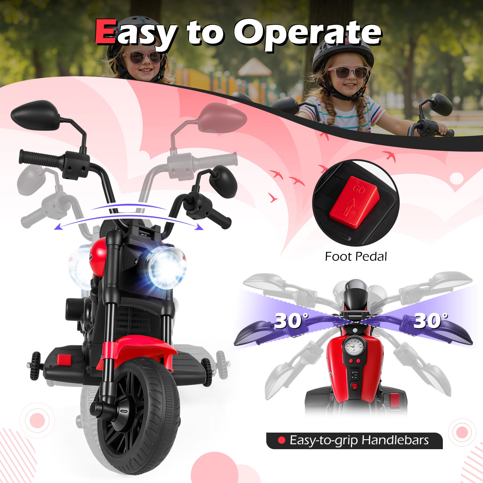 6V Kids Electric Motorbike with Detachable Training Wheels and Music-Red