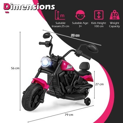 6V Kids Electric Motorbike with Detachable Training Wheels and Music-Rose