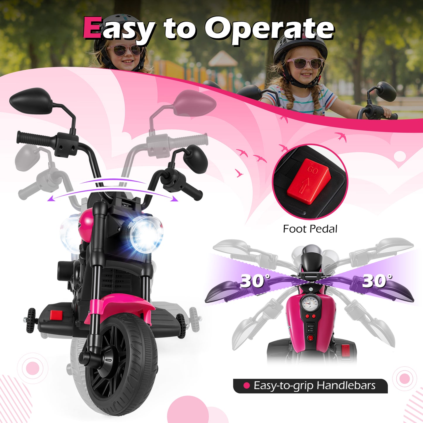 6V Kids Electric Motorbike with Detachable Training Wheels and Music-Rose