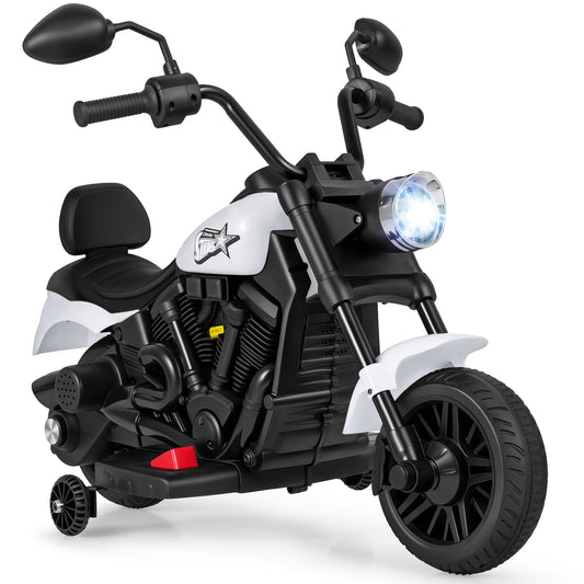 6V Kids Electric Motorbike with Detachable Training Wheels and Music-White