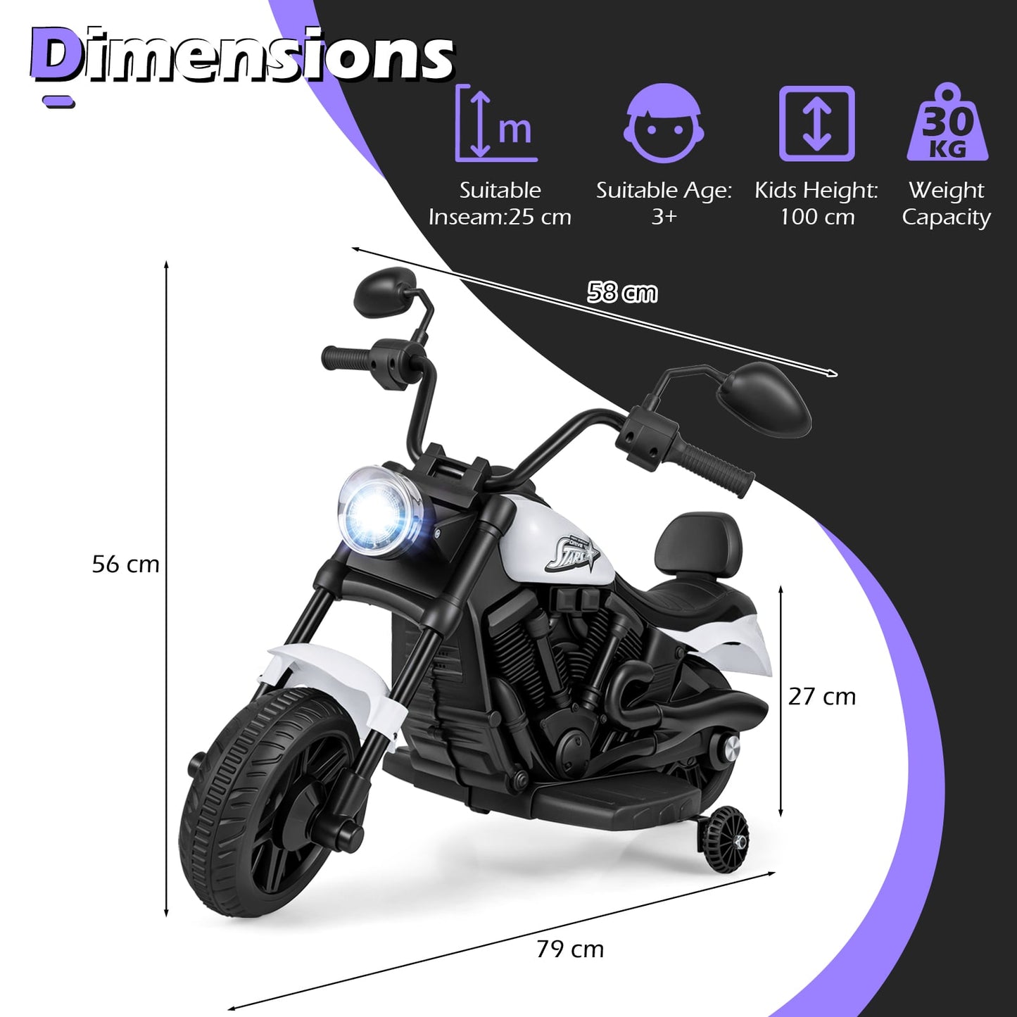 6V Kids Electric Motorbike with Detachable Training Wheels and Music-White