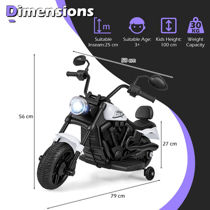 6V Kids Electric Motorbike with Detachable Training Wheels and Music-White