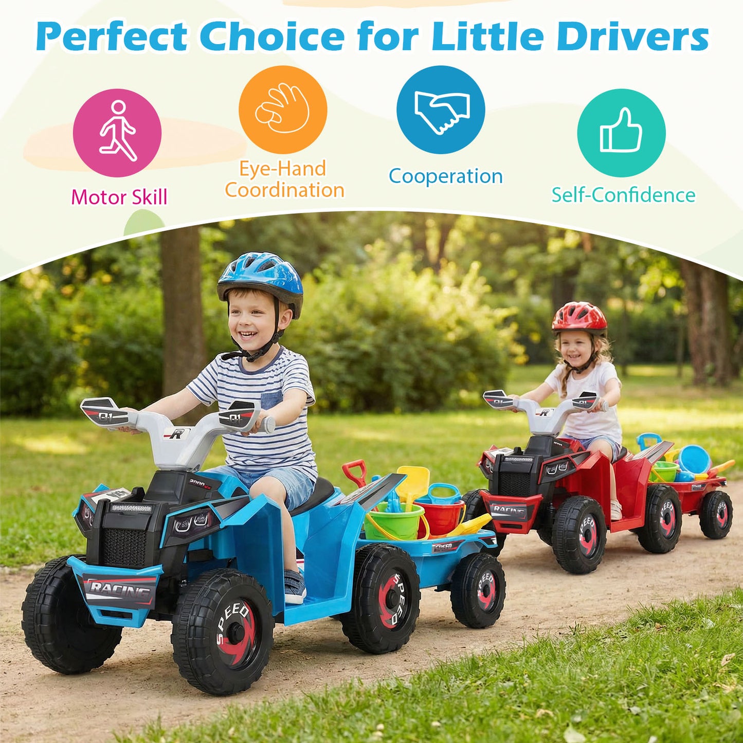 6V Kids Electric Quad with Removable Back Trailer Toddler Ride On ATV-Blue