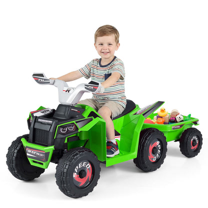 6V Kids Electric Quad with Removable Back Trailer Toddler Ride On ATV-Green