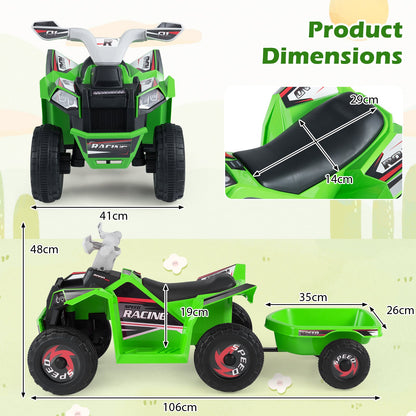 6V Kids Electric Quad with Removable Back Trailer Toddler Ride On ATV-Green