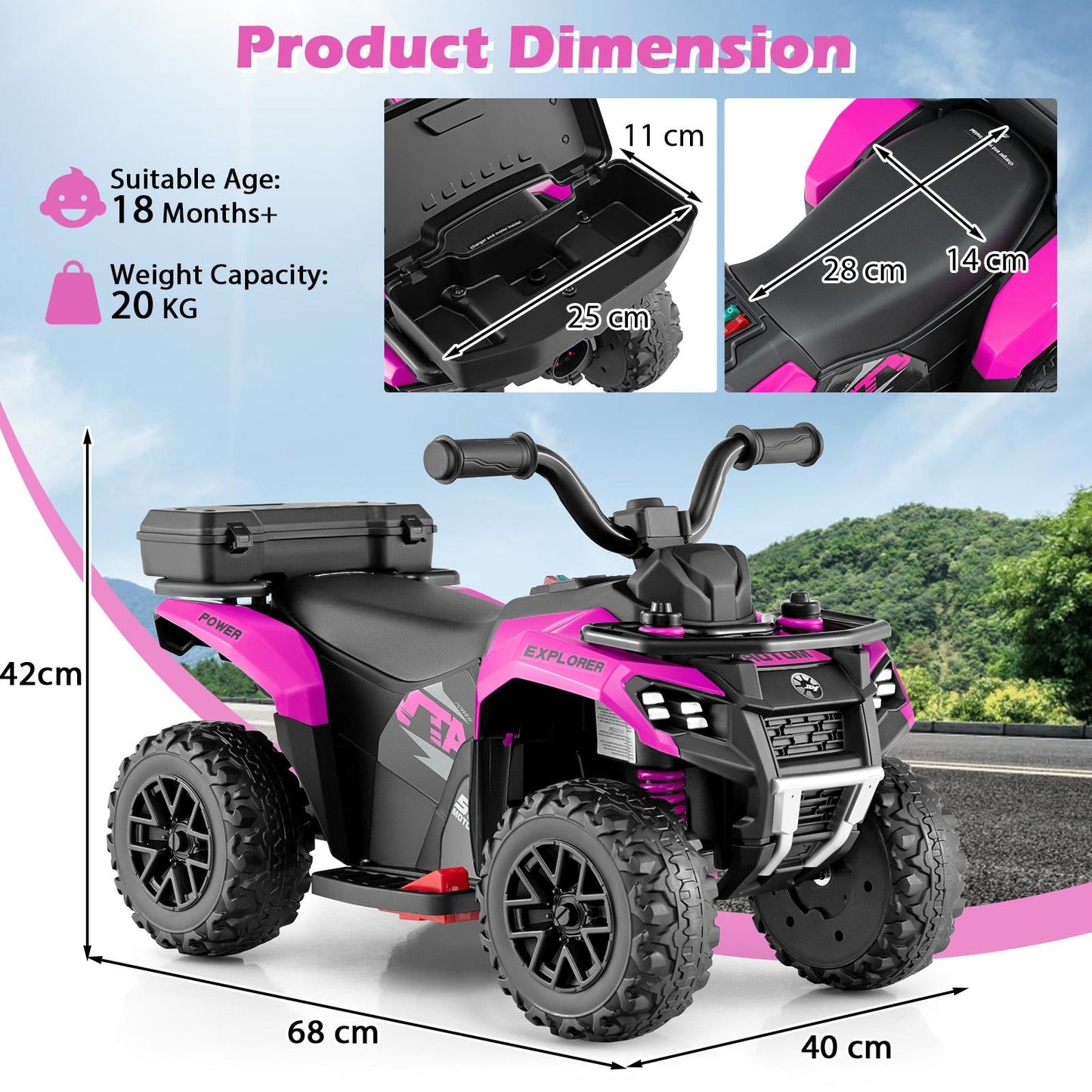 6V Kids Electric Quad Bike with Spray Function and Storage Box-Pink