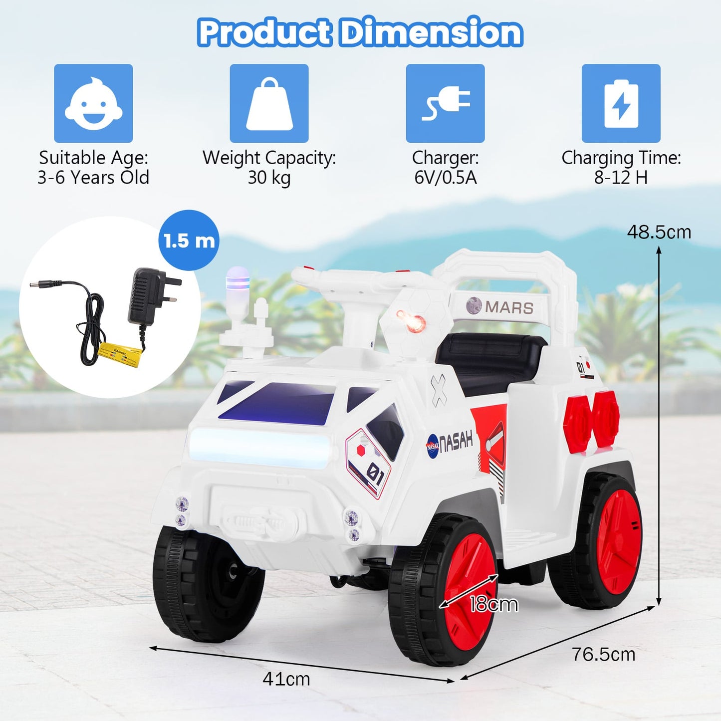 6V Kids Ride-on Car with Music with Radar and  Alarm Button-White & Red