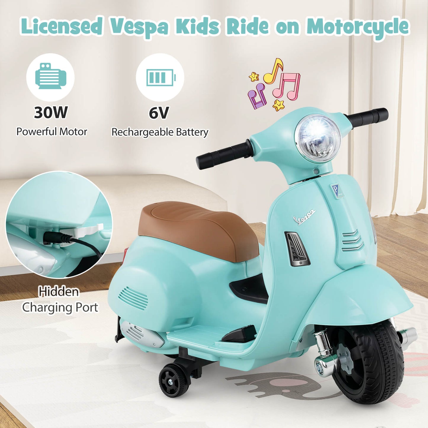 6V Kids Ride on Motorcycle Vespa Licensed with Lights and Horn Sound-Green