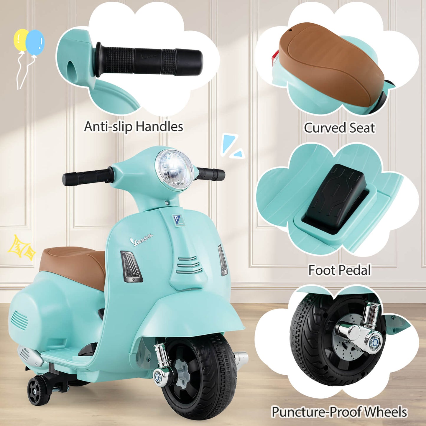 6V Kids Ride on Motorcycle Vespa Licensed with Lights and Horn Sound-Green