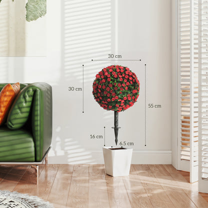 HOMCOM Artificial Rose Topiary UV Resistant, 2-Pack Fake Plants, 55 cm, Red