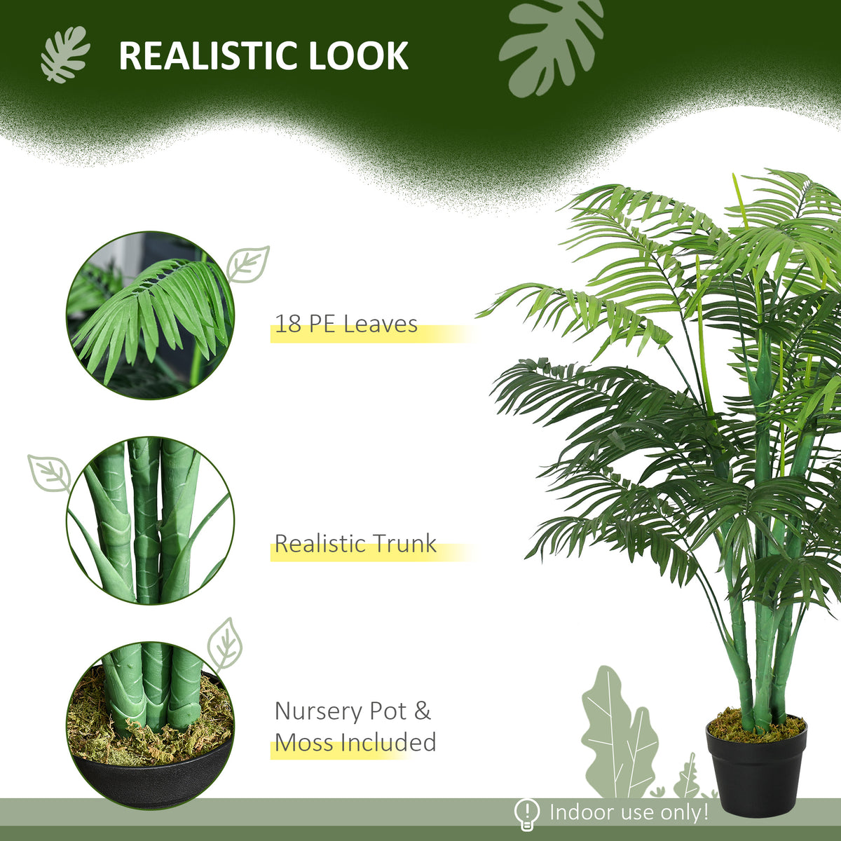 Outsunny 125cm/4FT Artificial Palm Plant Decorative Tree with Nursery Pot, Fake Plastic Indoor Home Office Décor, Green