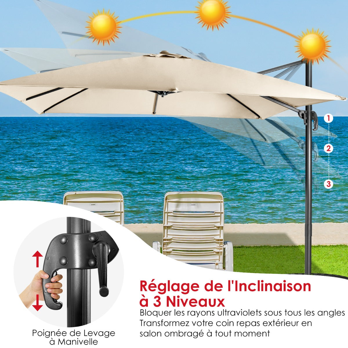 Parasol with 3 tilt settings for gardens terraces cafes 300 x 300 x 273 cm Beige