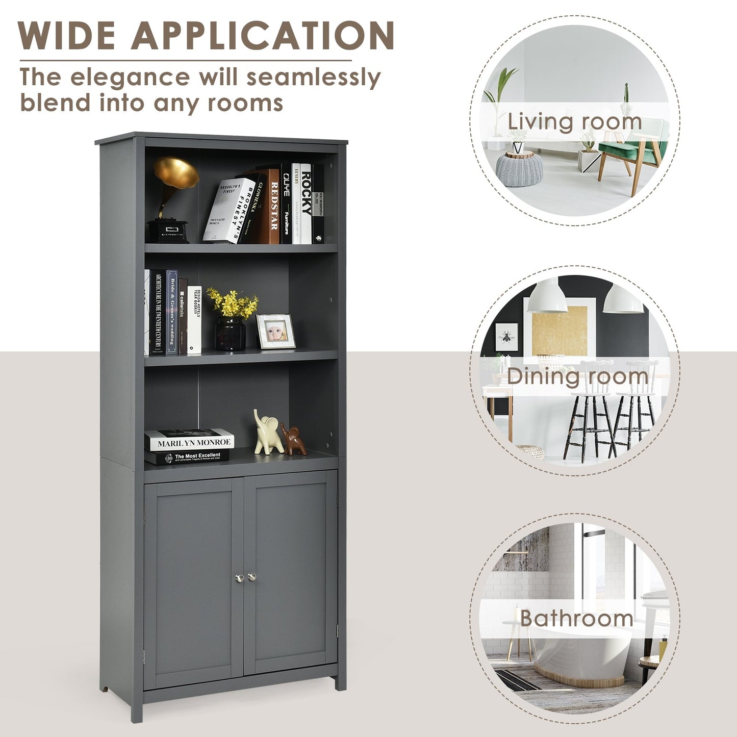 3-Shelf Bookcase with Double Doors & Adjustable Shelves & Cabinet-Grey