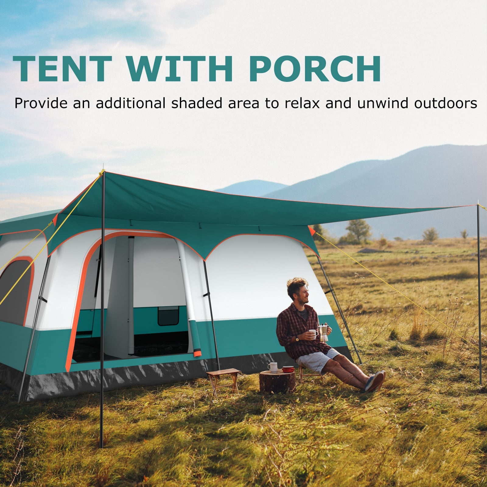 6/8/10-Person Camping Tent with Porch and Rainfly-L