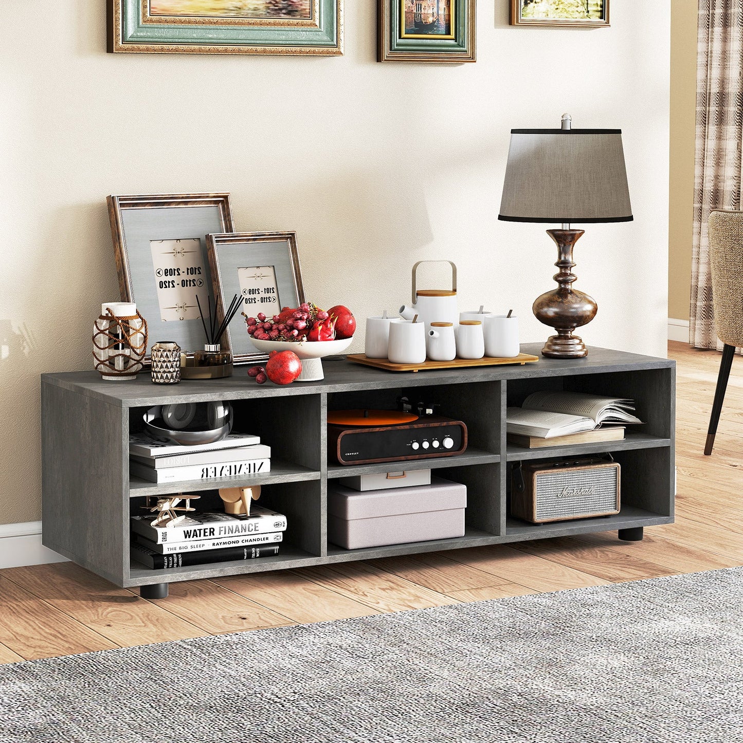 6-Cubby TV Stand TV Console Table with Adjustable Shelves-Grey
