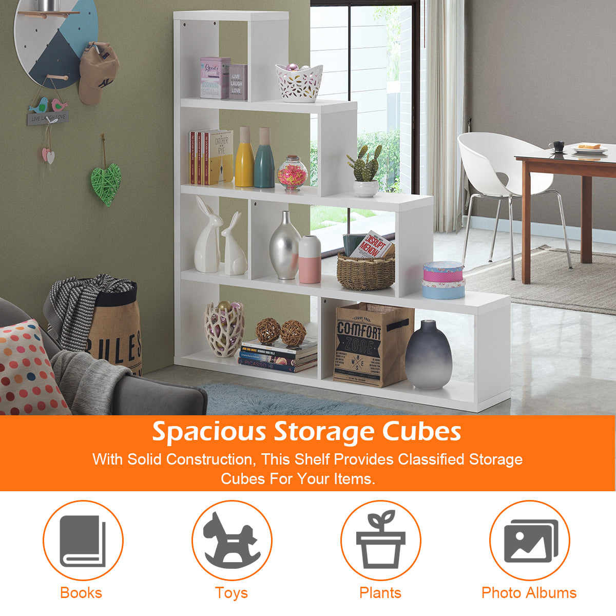 6-Cube Ladder Bookcase for Living Room Study Office-White