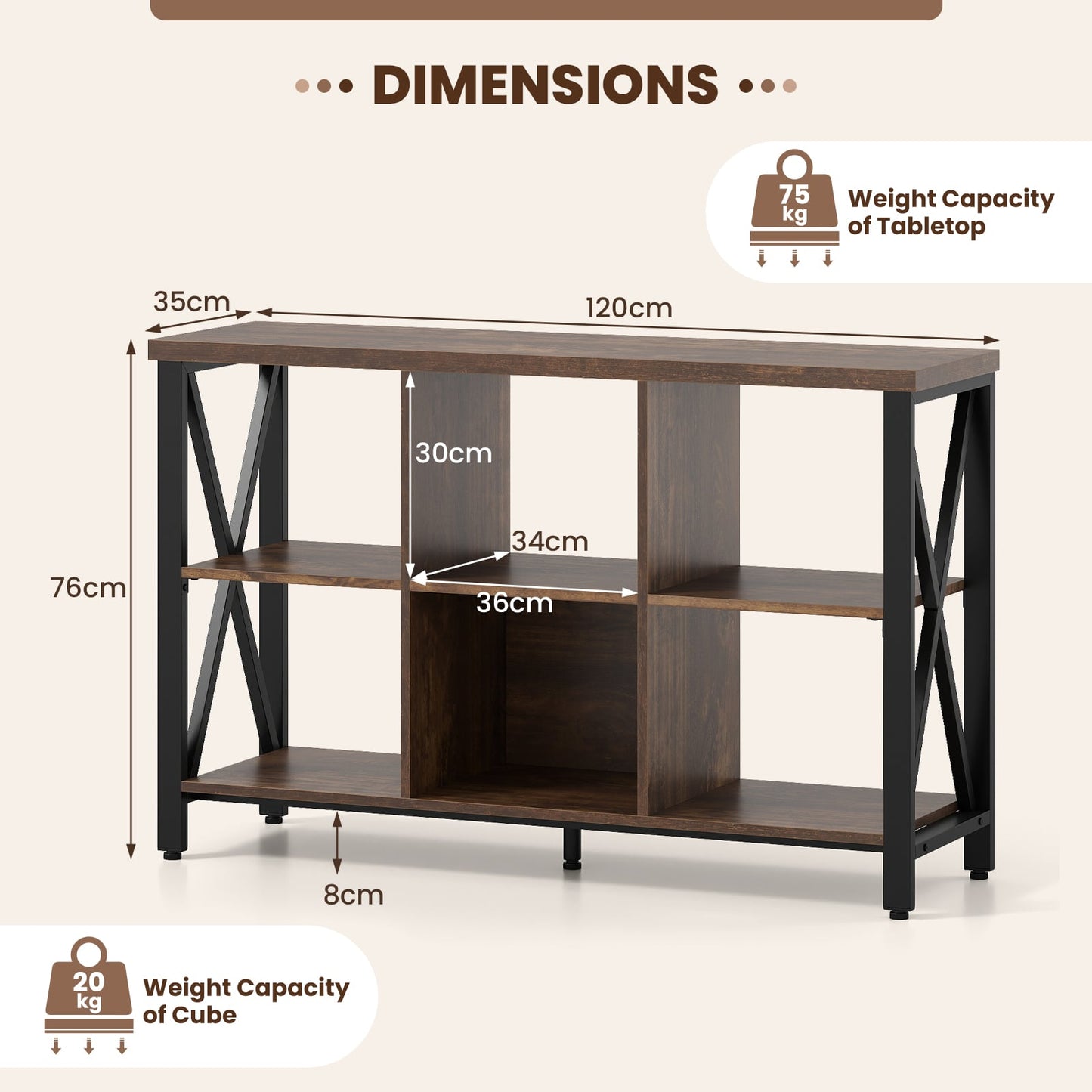 6-Cube Storage Organizer 120CM Wide Bookshelf with Open Compartments-Rustic Brown