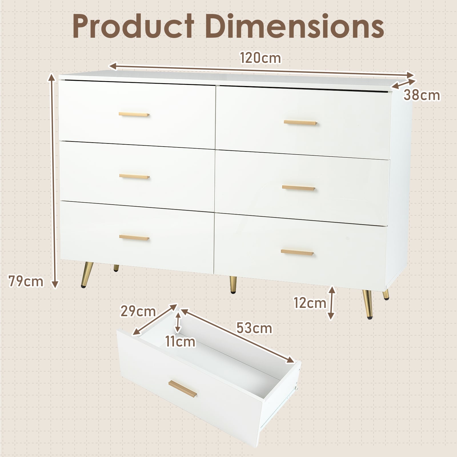 6 Drawer Dresser with Anti-Toppling Device for Living Room-White