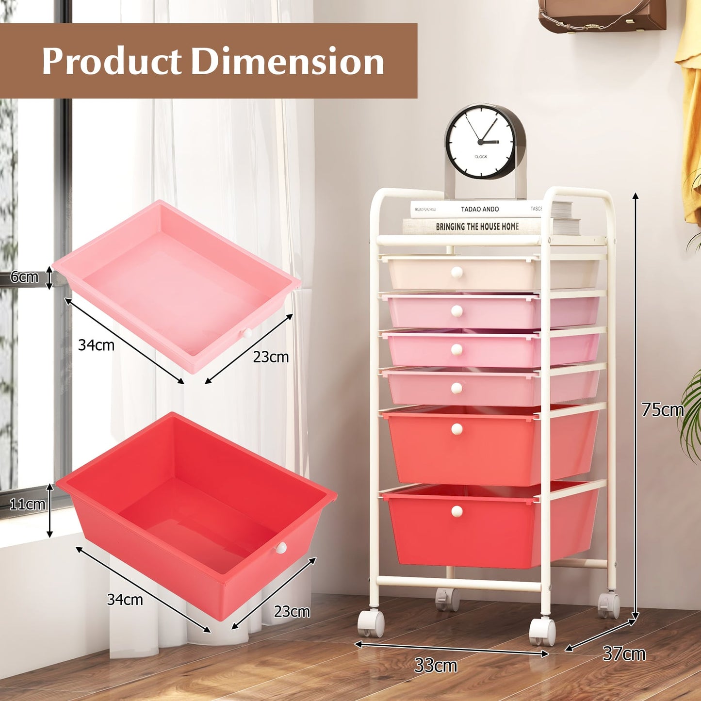 6 Drawers Storage Trolley with 4 Wheels for Makeup Beauty Salon-Pink