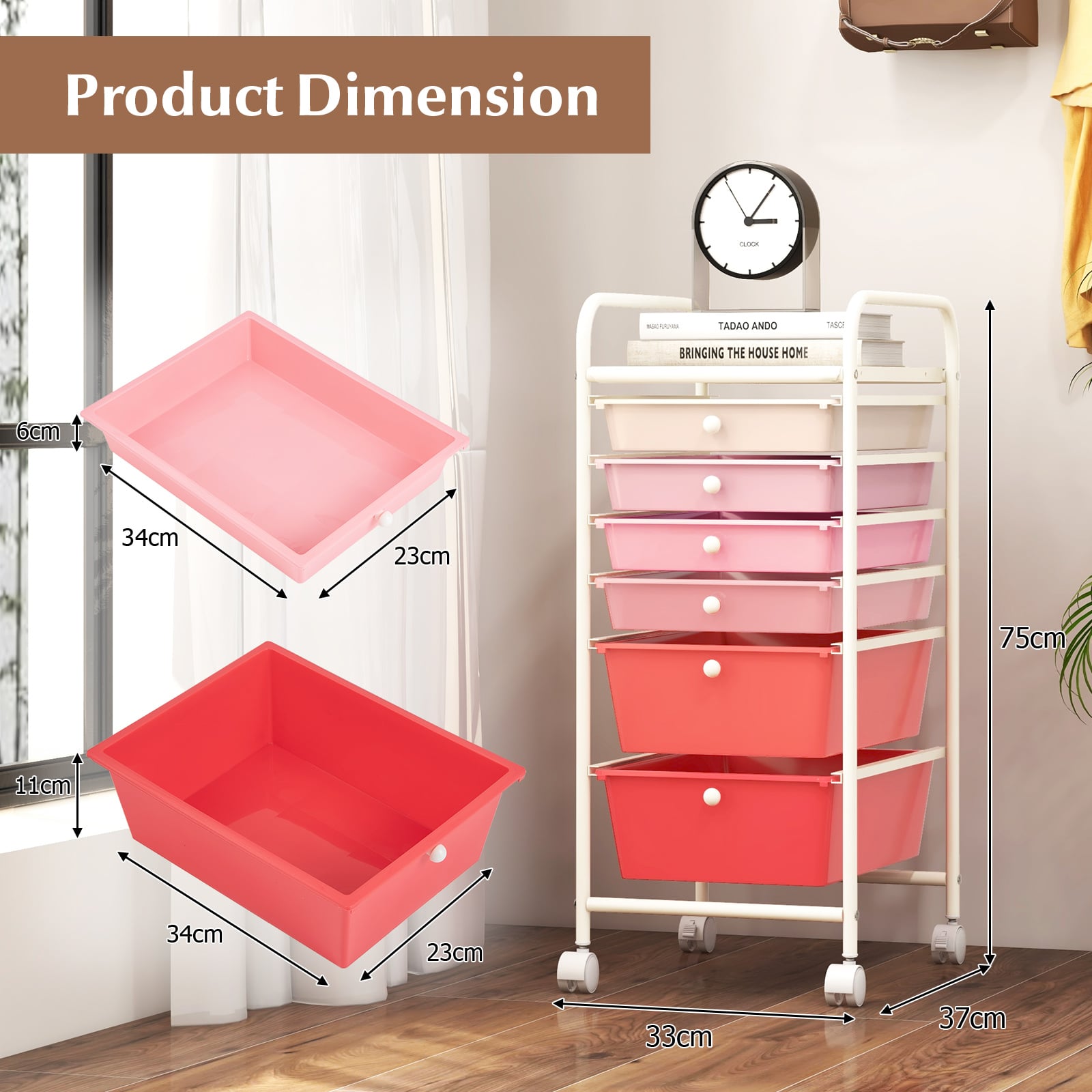 6 Drawers Storage Trolley with 4 Wheels for Makeup Beauty Salon-Pink