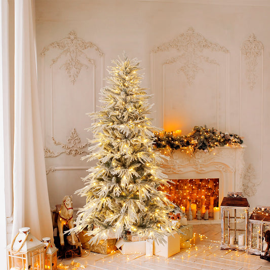 6 FT Artificial Christmas Tree Flocked Xmas Tree with 250 Warm White LED Lights and Folding Metal Stand-S