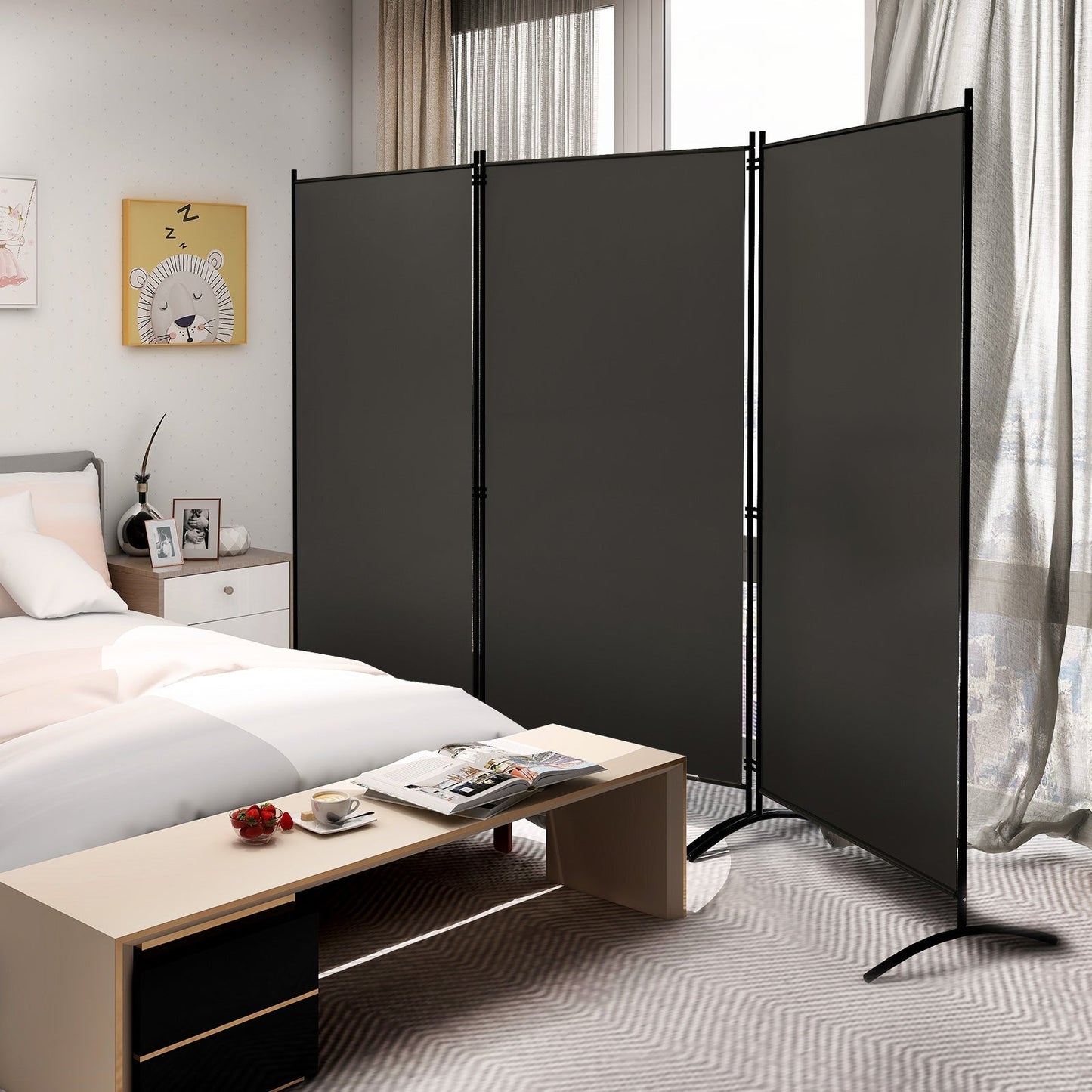 3 Panel Folding Room Divider-Grey