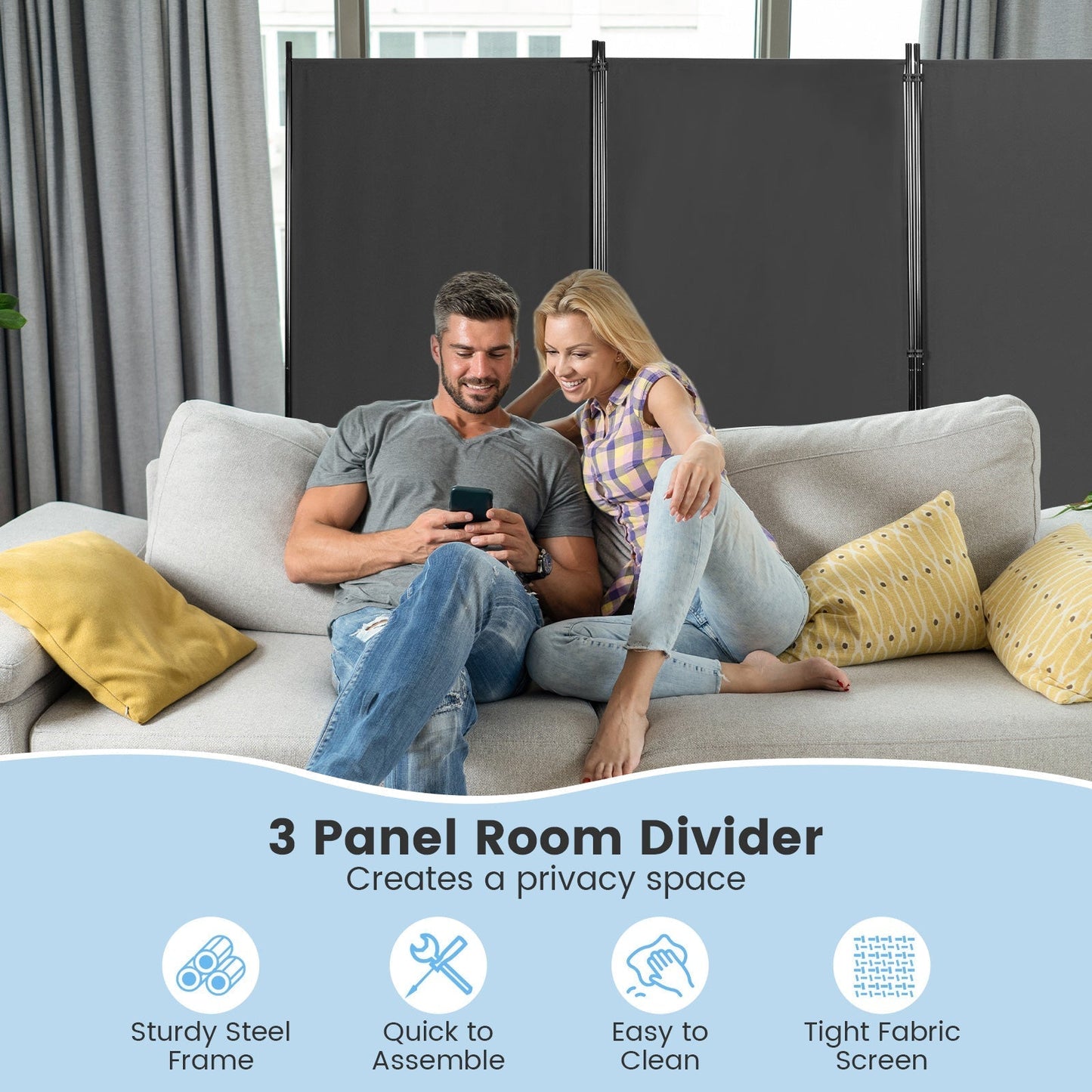 3 Panel Folding Room Divider-Grey