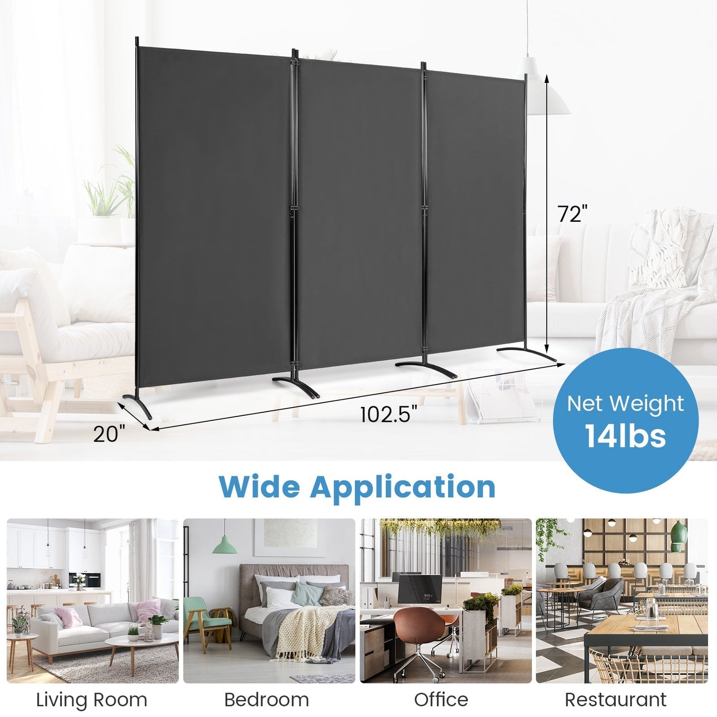 3 Panel Folding Room Divider-Grey