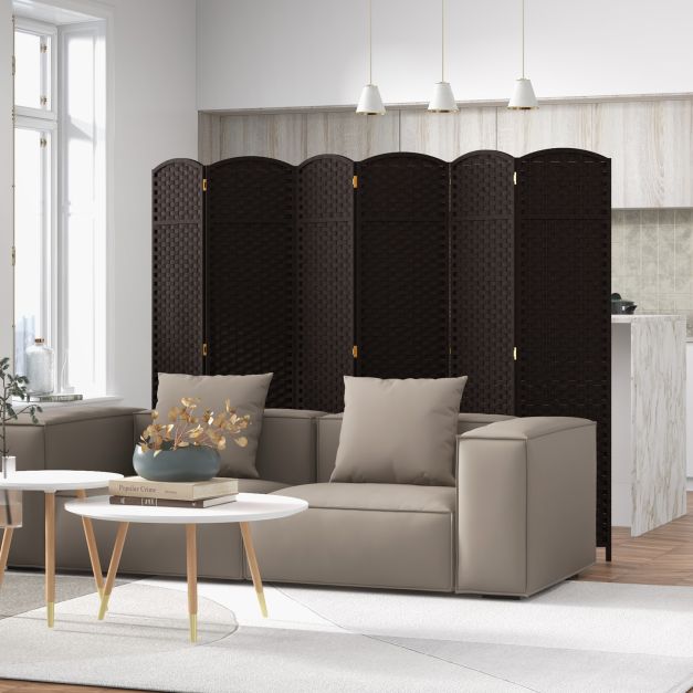 6-Panel Room Divider Folding Privacy Screen with Hand-woven Texture-Brown