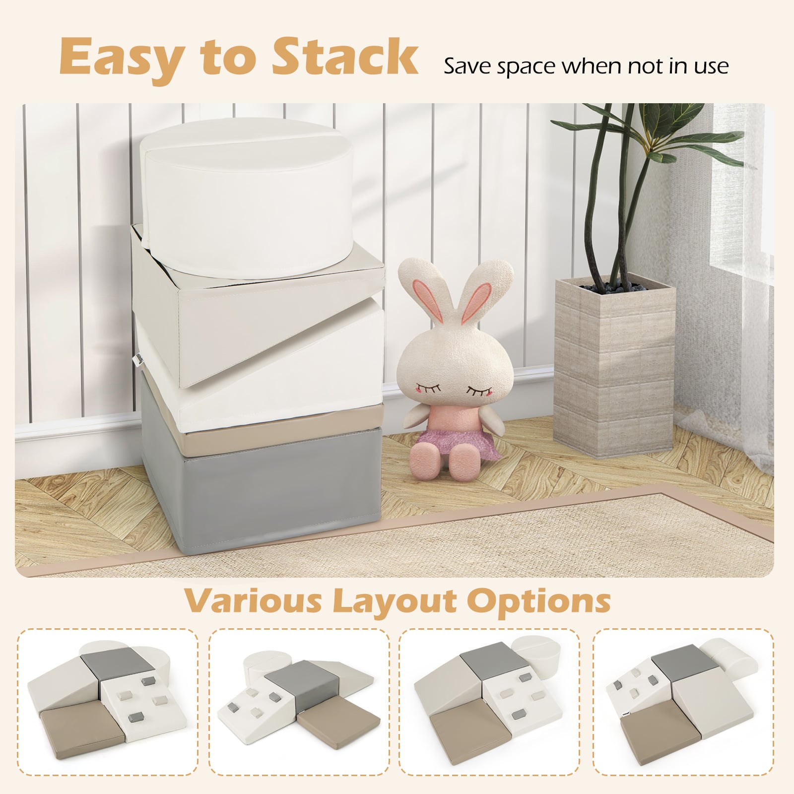 6 Piece Foam Climbing Toys for Toddlers with PU Leather Cover-White