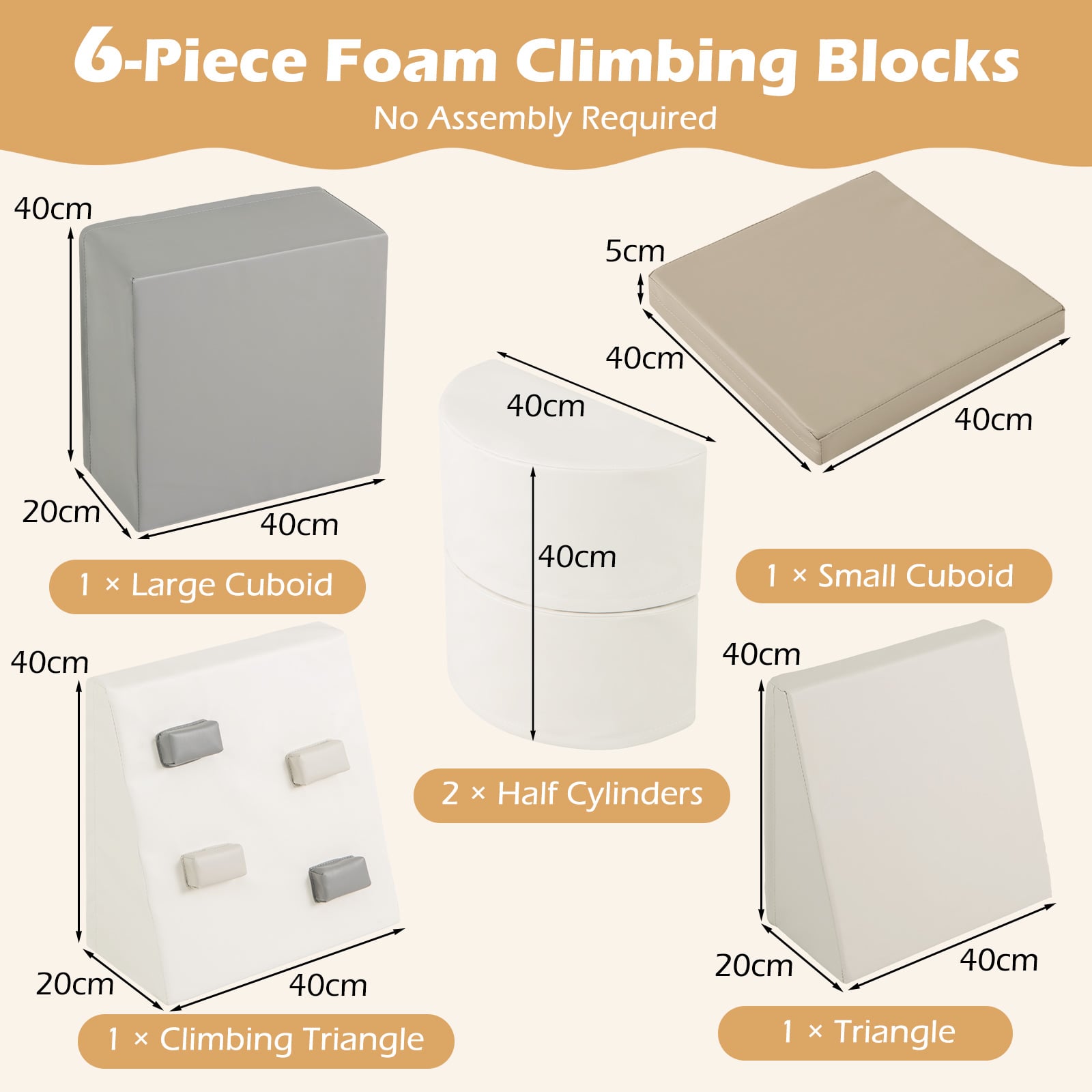 6 Piece Foam Climbing Toys for Toddlers with PU Leather Cover-White