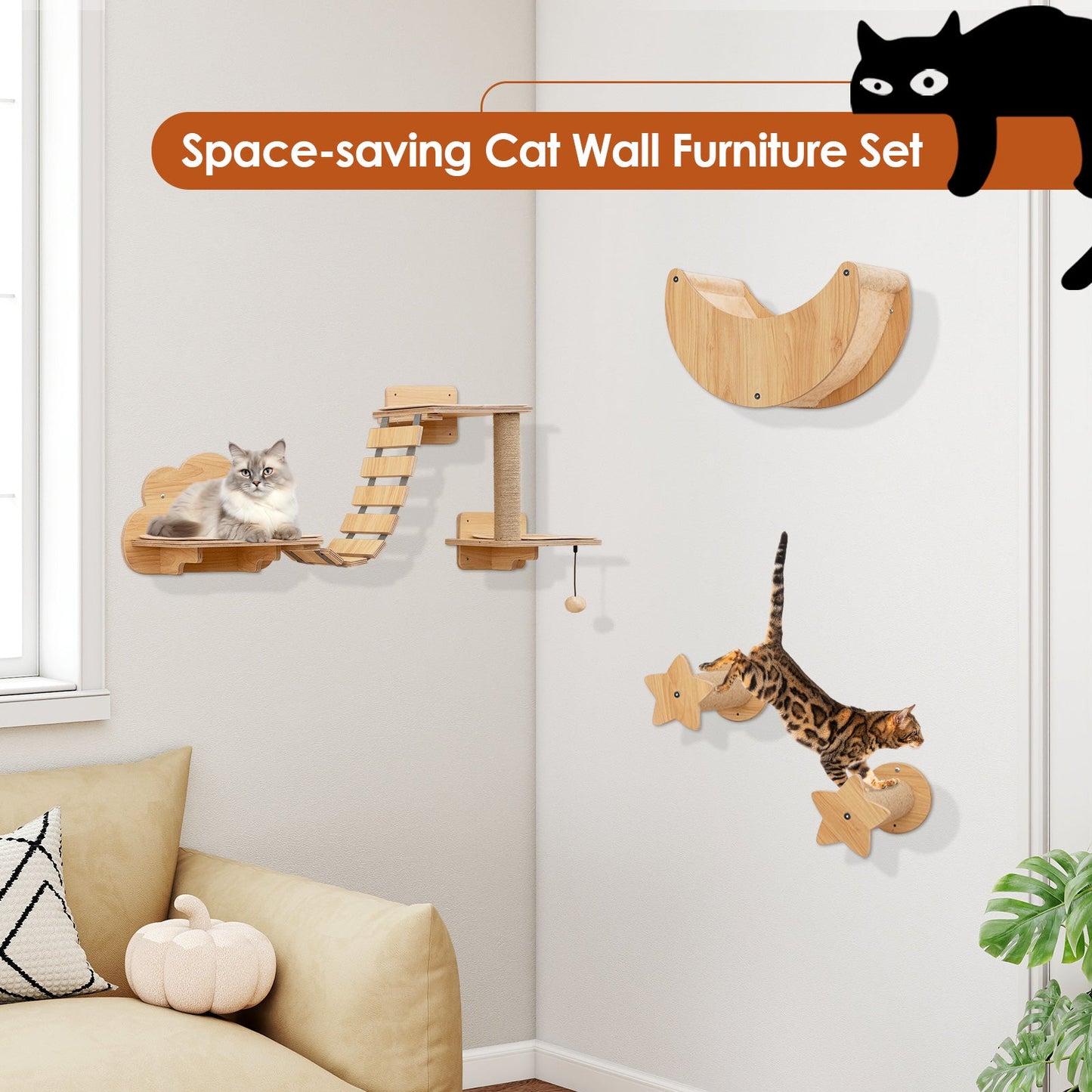 6 Pieces Cat Wall Furniture Set with Hammock and 2-step Cat Tree-Beige