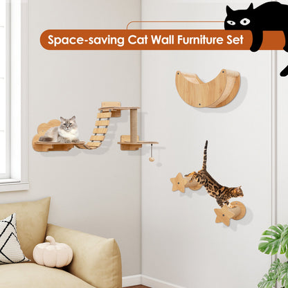 6 Pieces Cat Wall Furniture Set with Hammock and 2-step Cat Tree-Beige