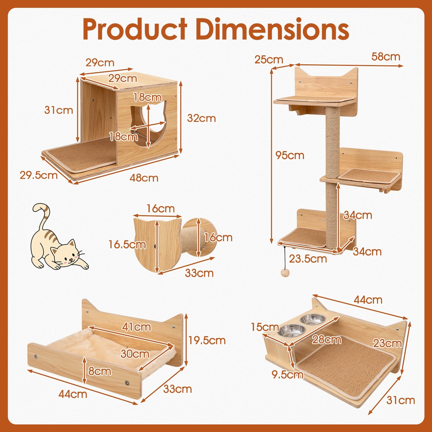 6 Pieces Cat Wall Furniture Set with Food Water Bowl and 3-step Cat Tree-Natural