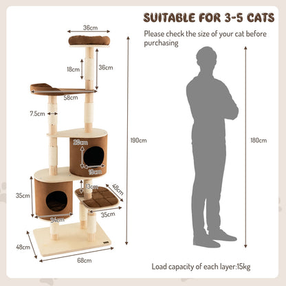 6-Tier Cat Tree Rubber Wood Cat Tower with Sisal Scratching Post-Brown