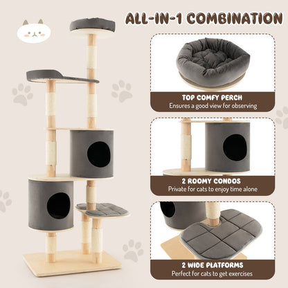 6-Tier Cat Tree Rubber Wood Cat Tower with Sisal Scratching Post-Grey