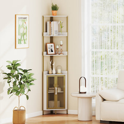 6-Tier Corner Shelf 170CM Tall Corner Bookshelf with Cabinet-White
