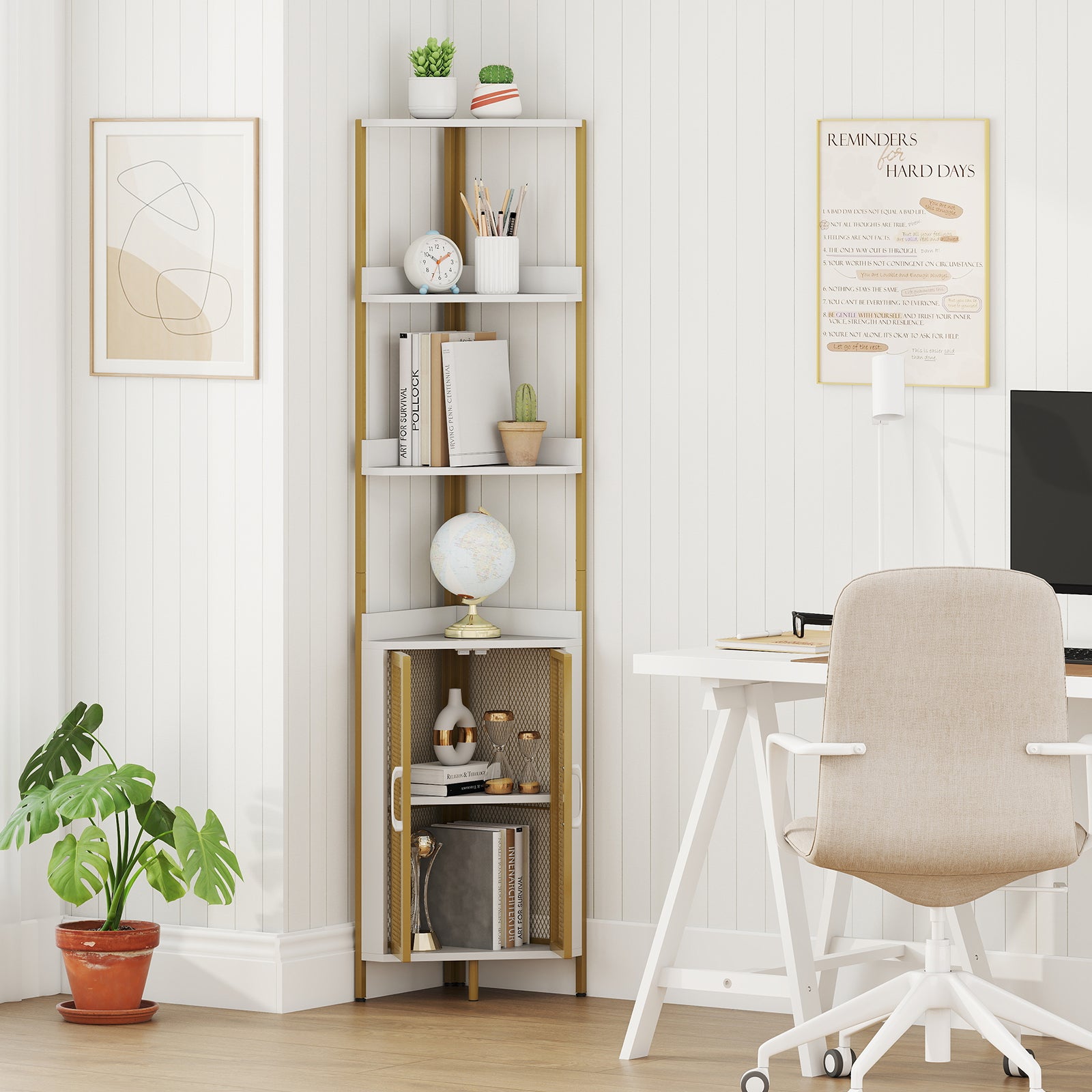 6-Tier Corner Shelf 170CM Tall Corner Bookshelf with Cabinet-White
