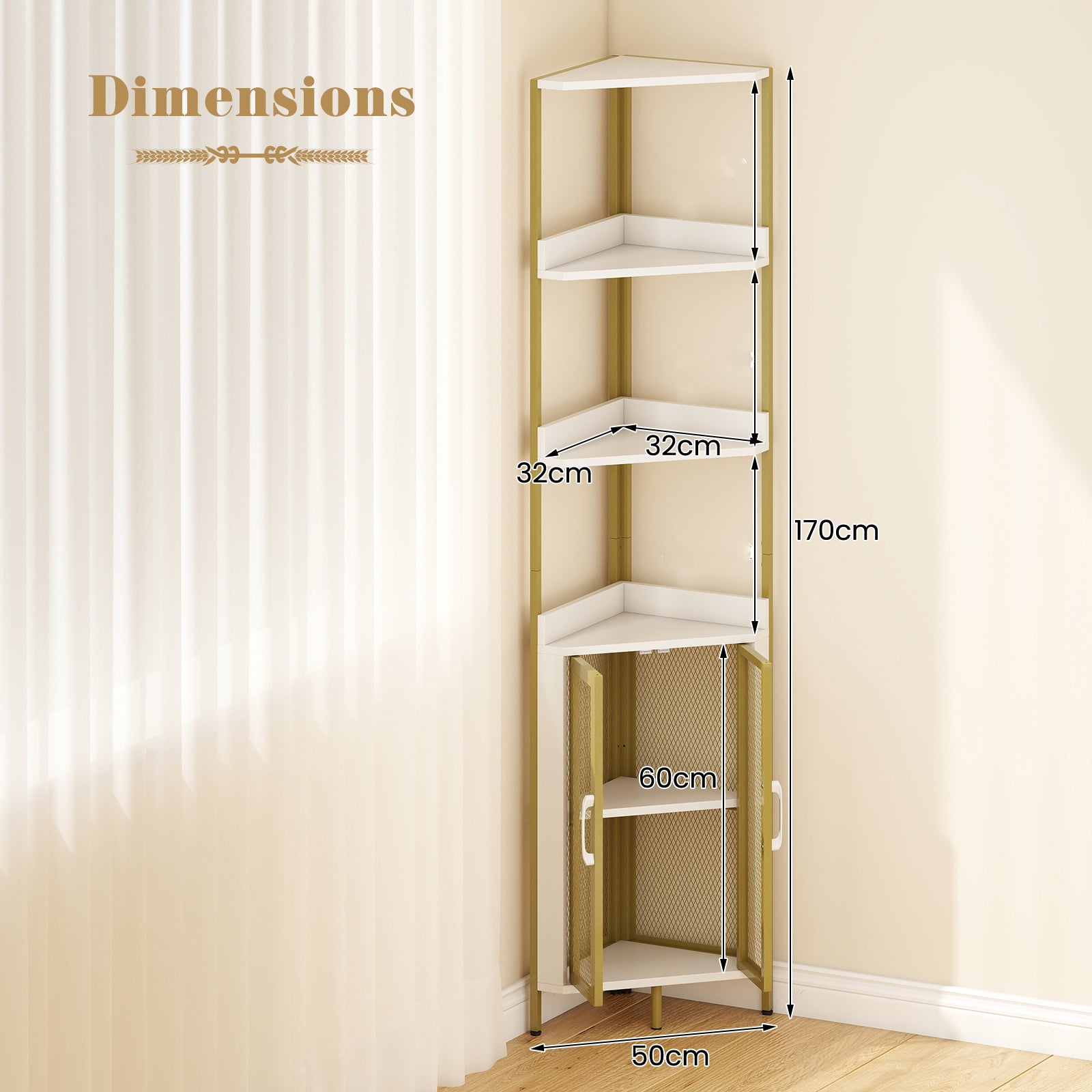 6-Tier Corner Shelf 170CM Tall Corner Bookshelf with Cabinet-White