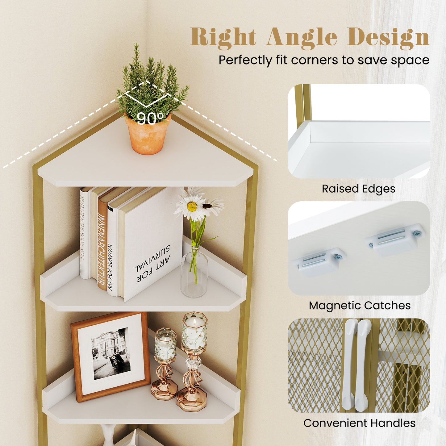 6-Tier Corner Shelf 170CM Tall Corner Bookshelf with Cabinet-White
