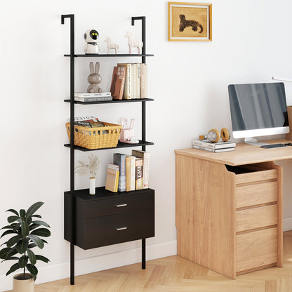 6-Tier Ladder Bookcase with 2 Drawers and Metal Frame-Black
