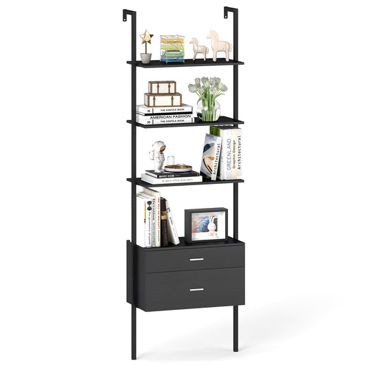 6-Tier Ladder Bookcase with 2 Drawers and Metal Frame-Black