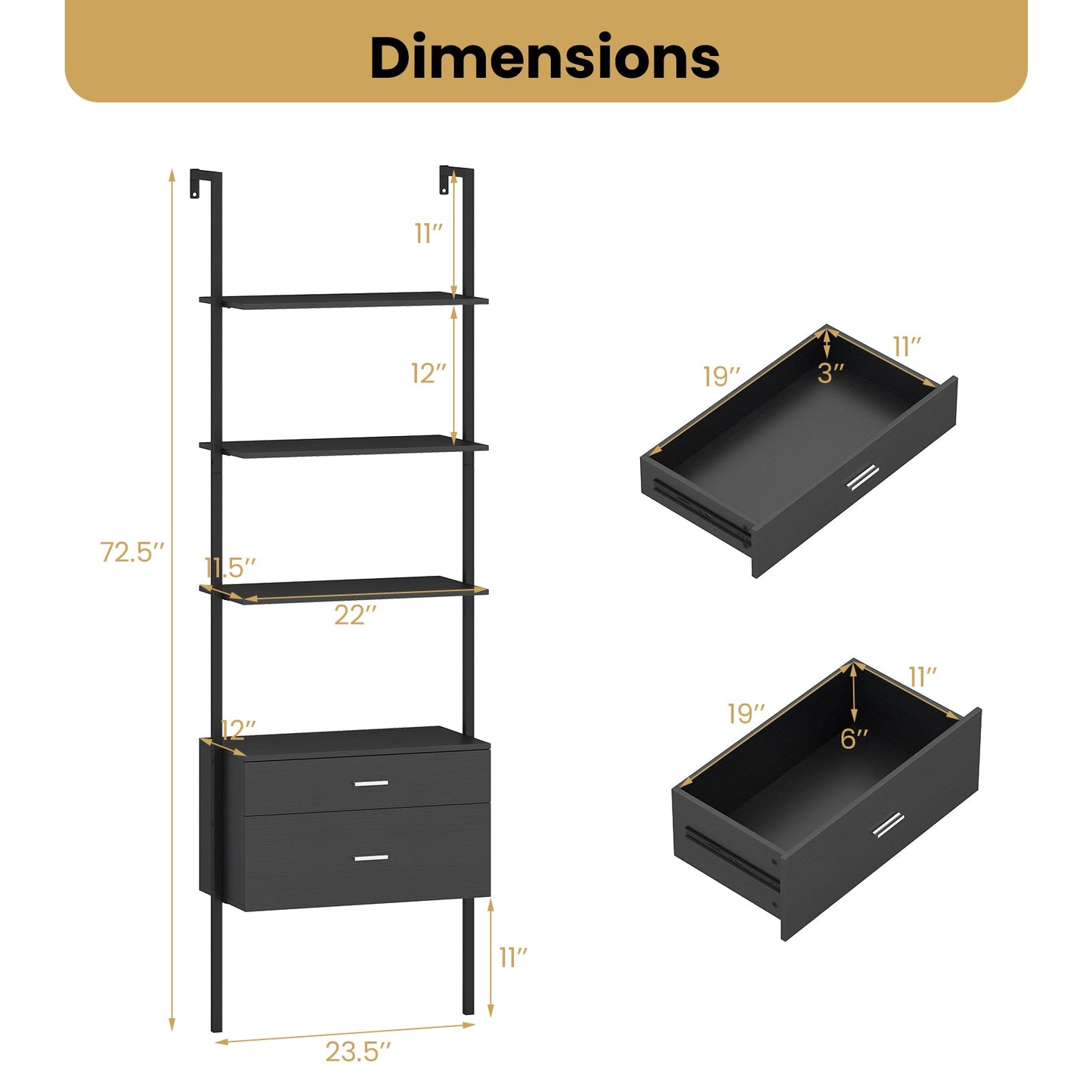 6-Tier Ladder Bookcase with 2 Drawers and Metal Frame-Black