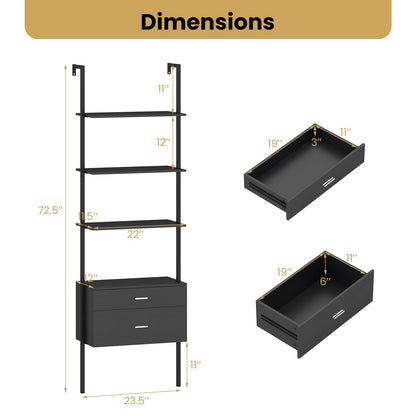 6-Tier Ladder Bookcase with 2 Drawers and Metal Frame-Black
