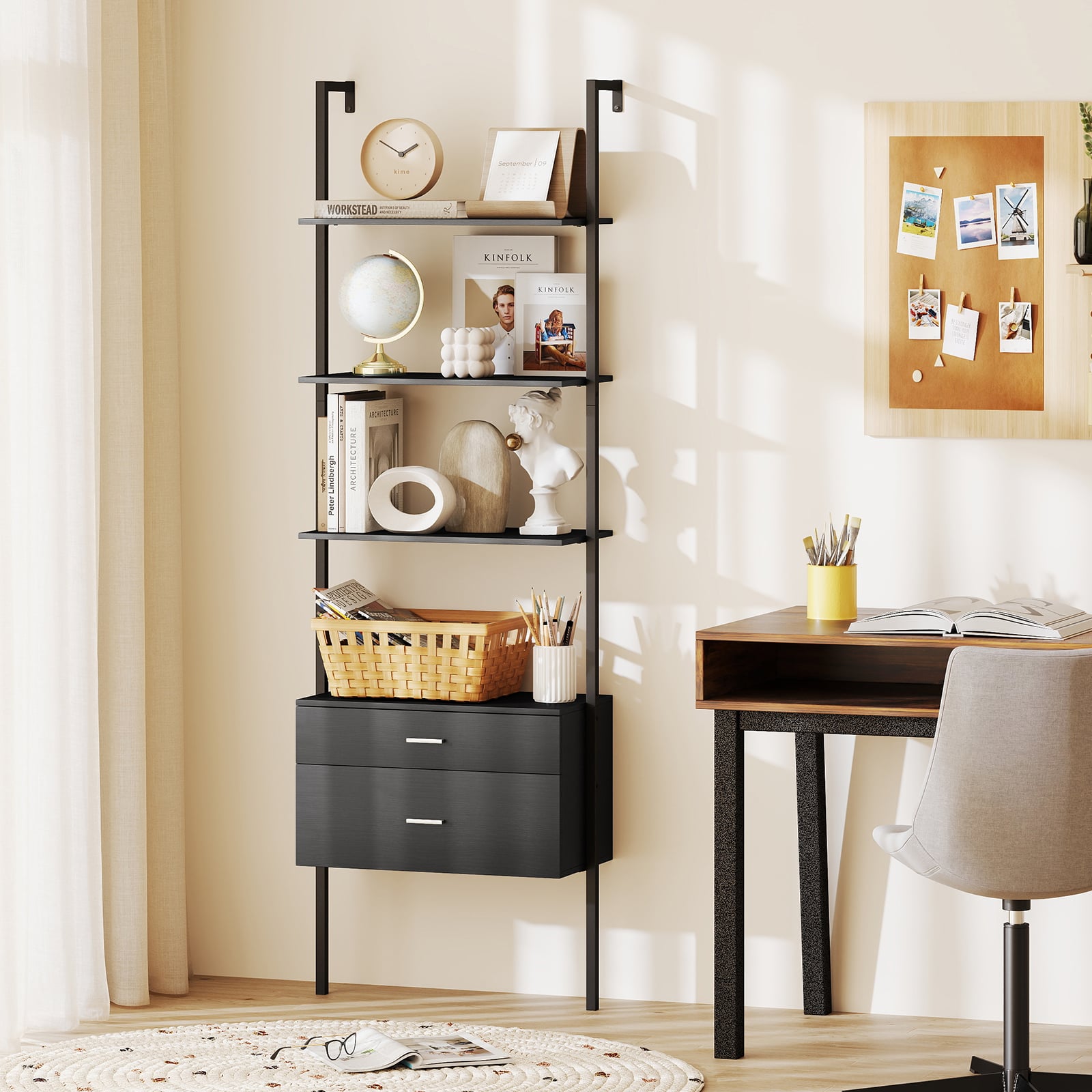 6-Tier Ladder Bookcase with 2 Drawers Wall-Mounted Bookshelf-Black