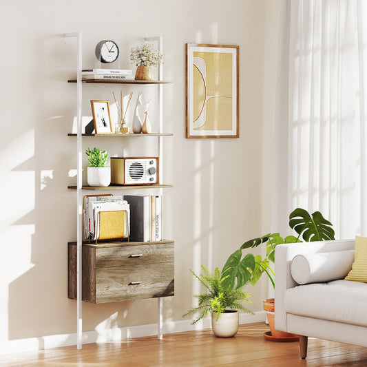 6-Tier Ladder Bookcase with 2 Drawers Wall-Mounted Bookshelf-Grey
