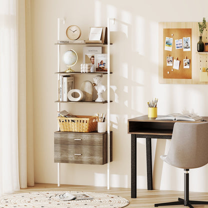 6-Tier Ladder Bookcase with 2 Drawers Wall-Mounted Bookshelf-Grey