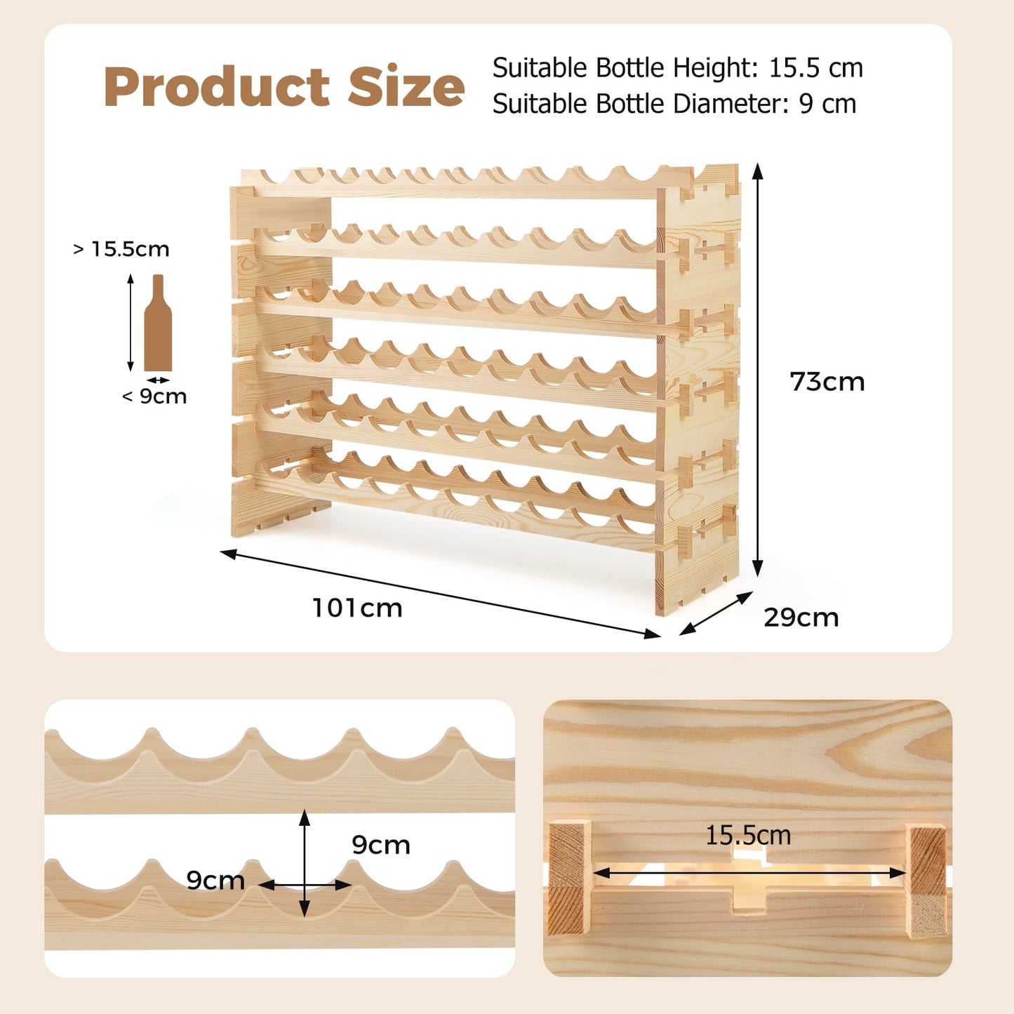 6 Tiers 60 Bottles Wine Rack with Tool-Free Assembly-Natural